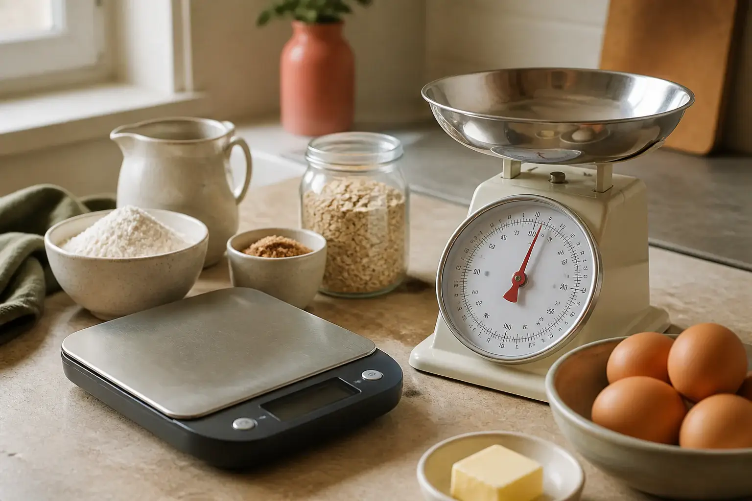 Báscula digital de cocina genérica con ingredientes domésticos preparados