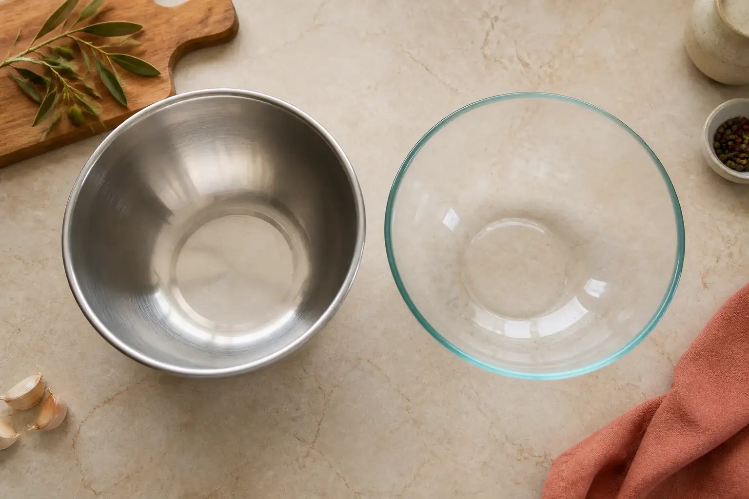 Bol de acero inoxidable y bol de cristal genéricos colocados juntos
