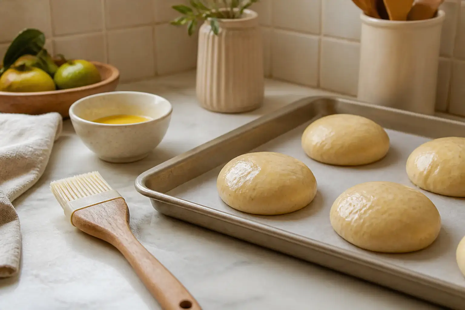 Brocha de repostería genérica junto a una masa preparada para hornear
