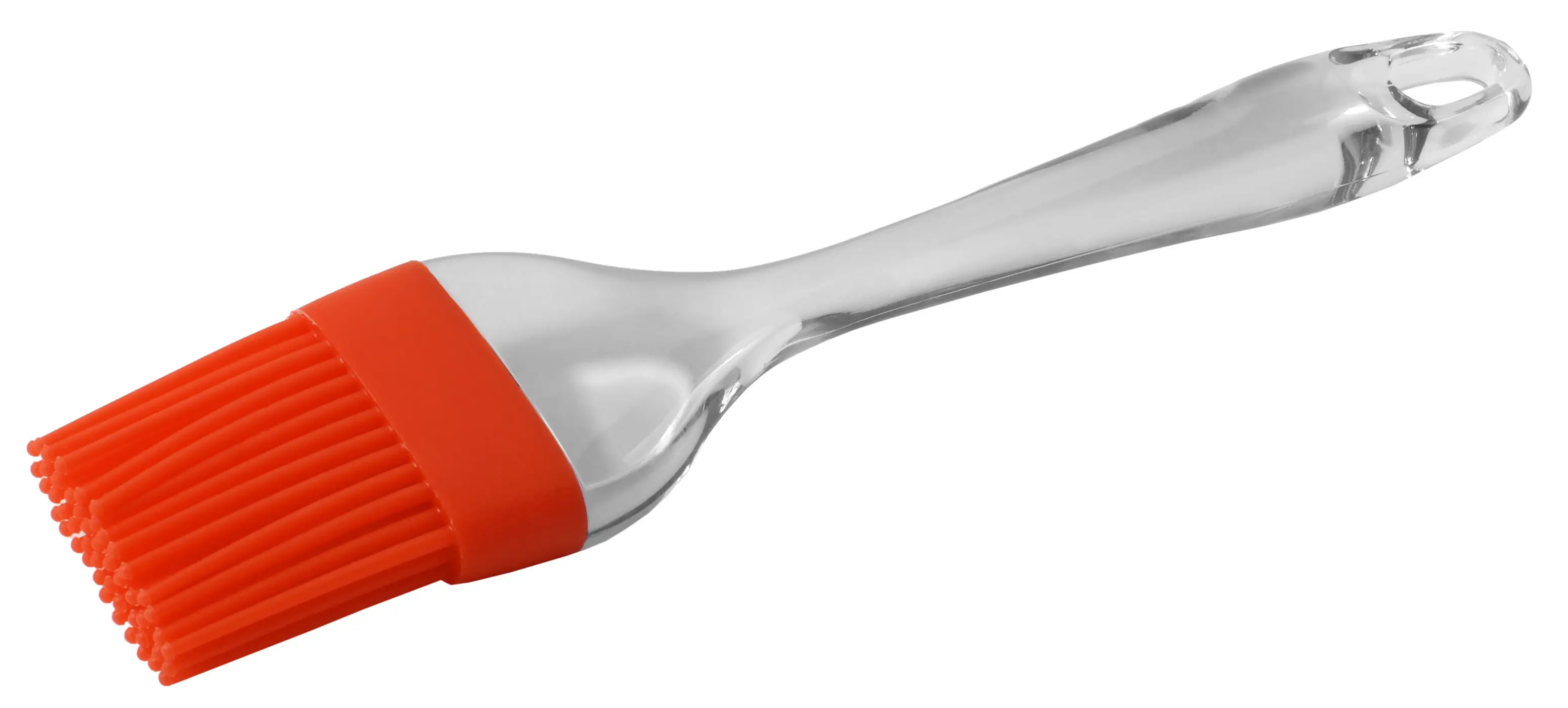 Brocha de silicona naranja con mango transparente sobre fondo blanco