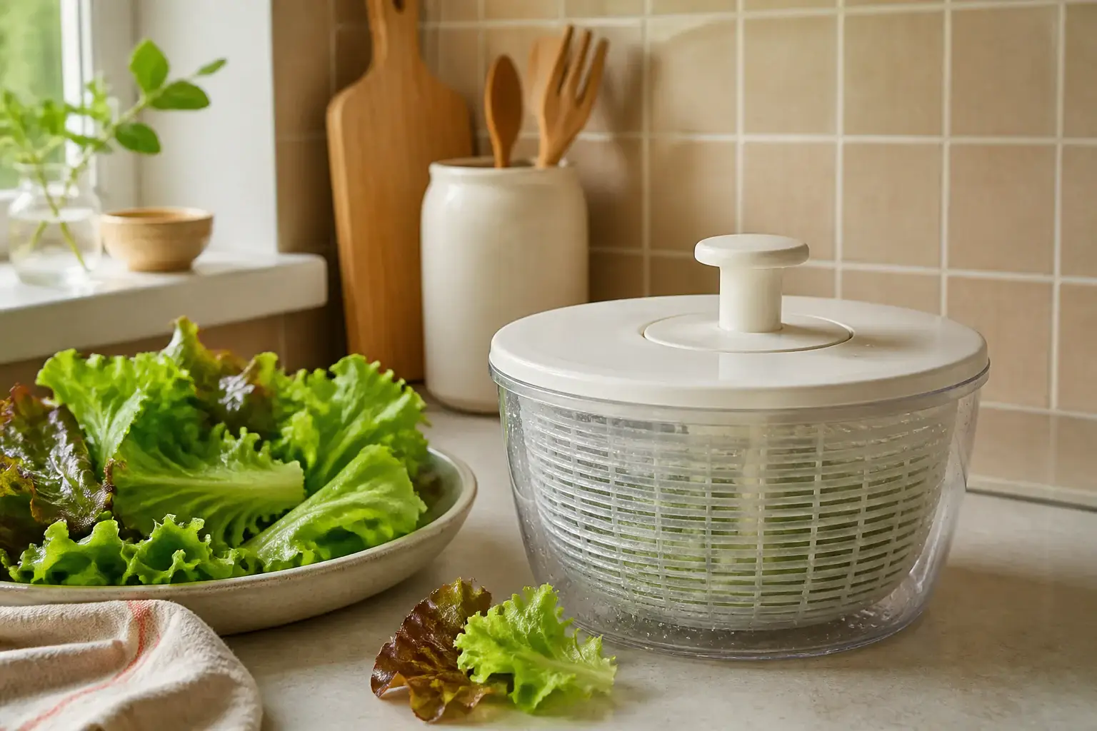 Centrifugador de ensalada genérico junto a hojas verdes limpias