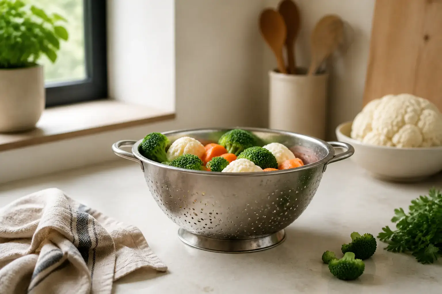 Colador de cocina genérico con verduras lavadas y gotas de agua