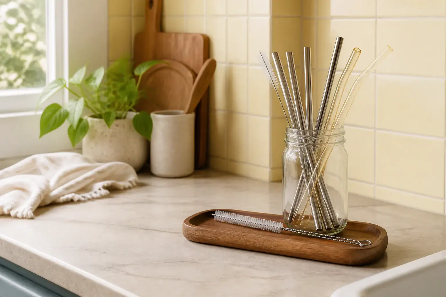 Cómo organizar pajitas reutilizables representada con utensilios genéricos en una cocina doméstica