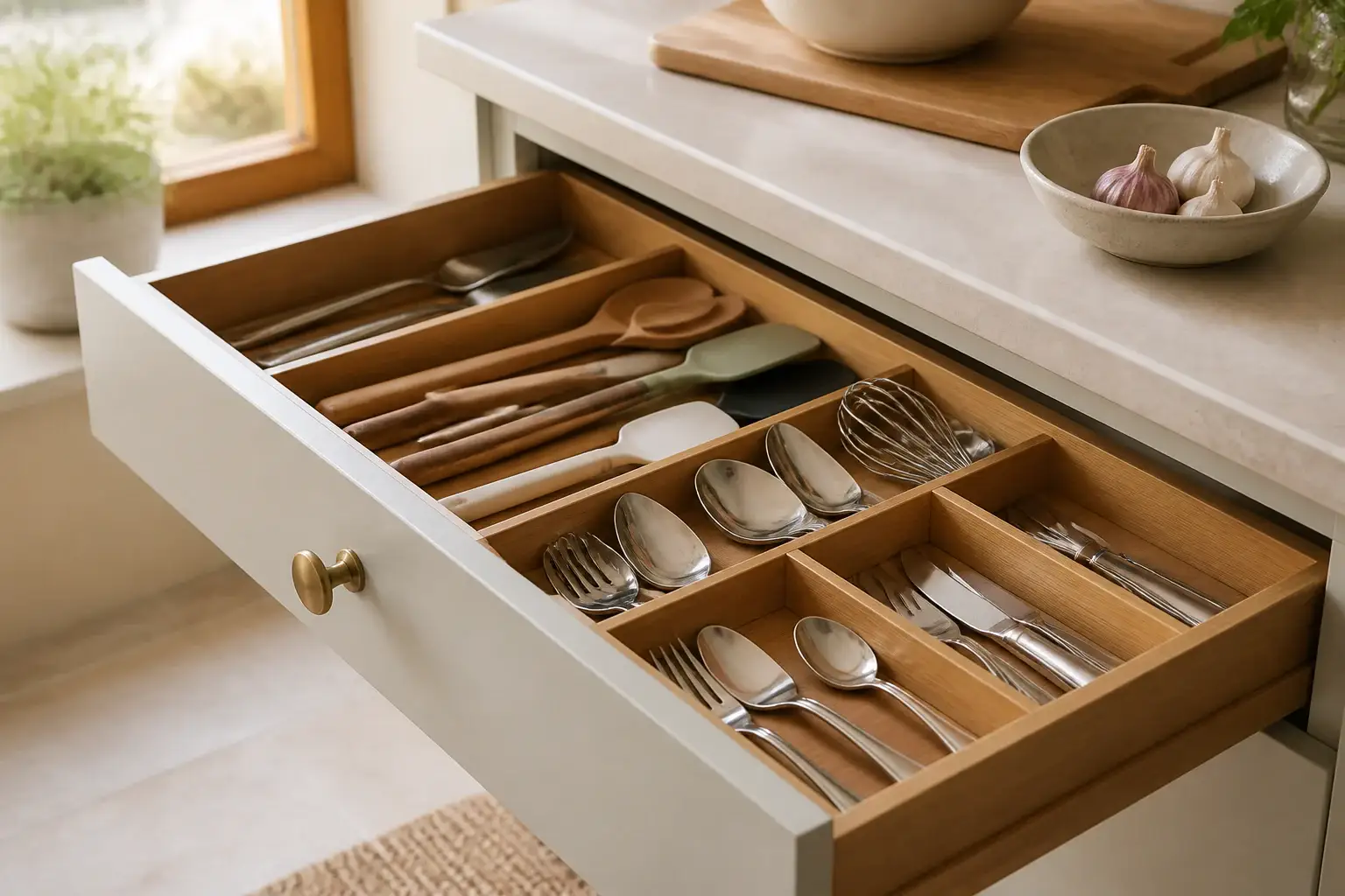 Cajón de cocina abierto con utensilios genéricos ordenados por uso