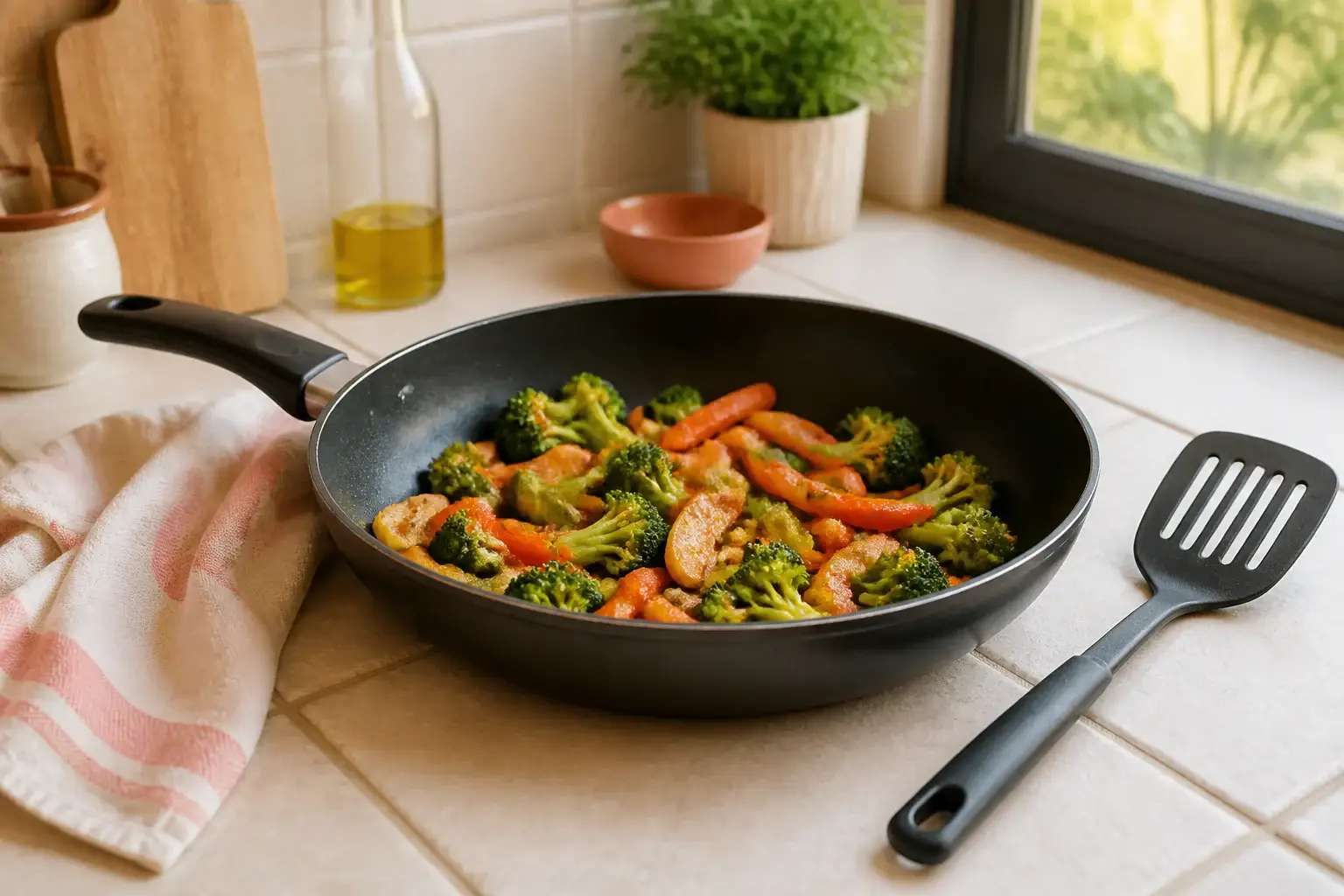 Sartén genérica de uso diario con verduras y una espátula cercana