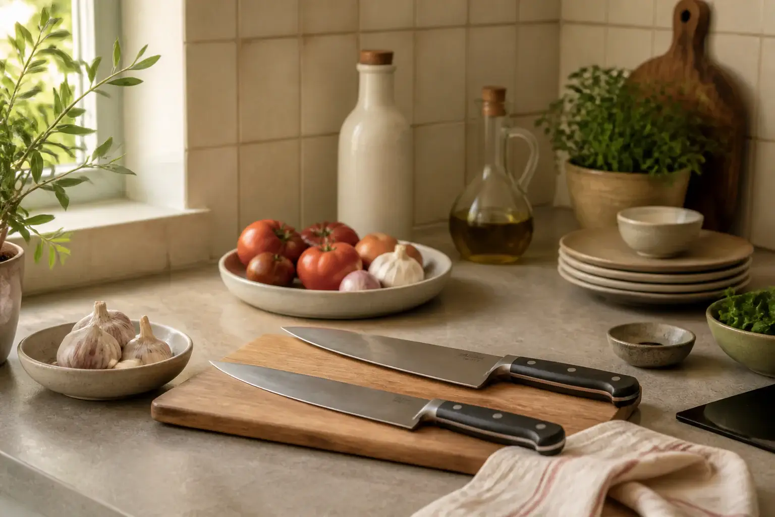 Cuchillo de chef de 15 o 20 cm representada con utensilios genéricos en una cocina doméstica