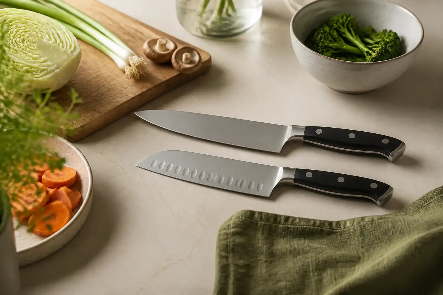 Cuchillo de chef y santoku genéricos colocados en paralelo junto a verduras