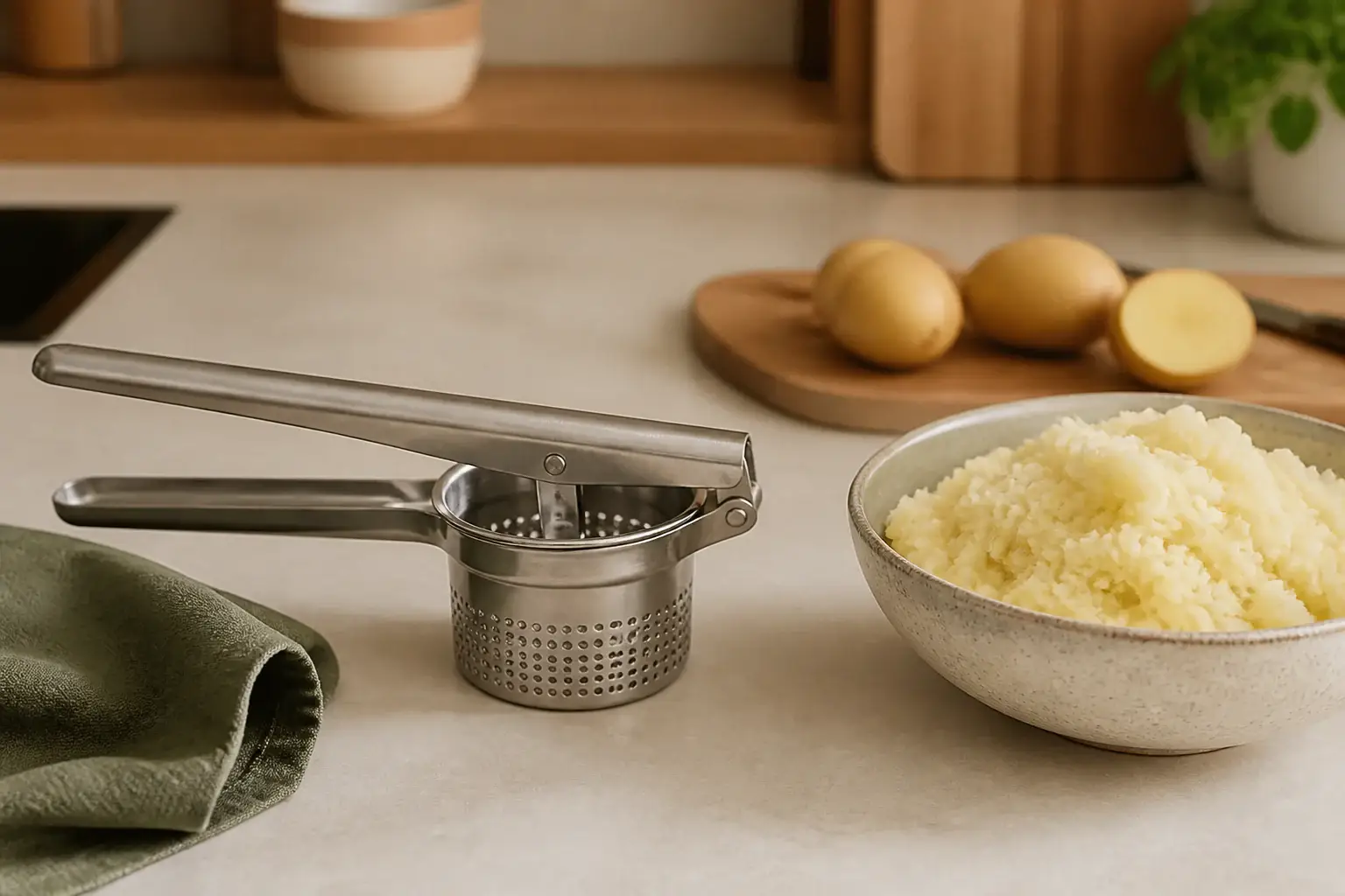 Prensa de patatas genérica junto a patatas cocidas en un bol