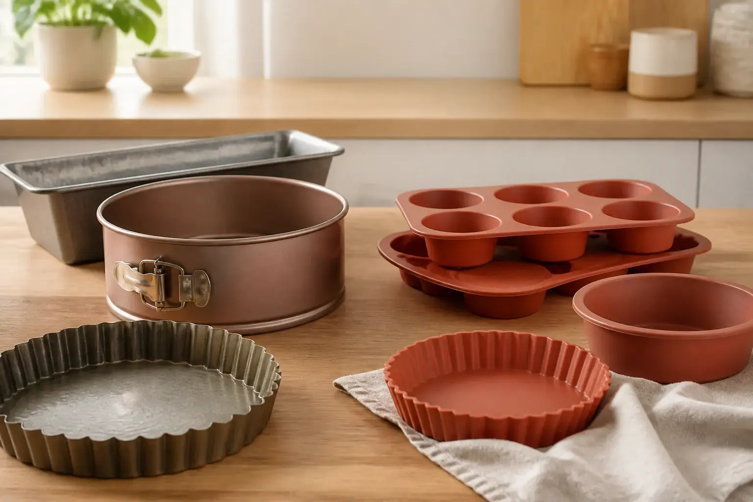 Molde de silicona o metal para repostería representada con utensilios genéricos en una cocina doméstica
