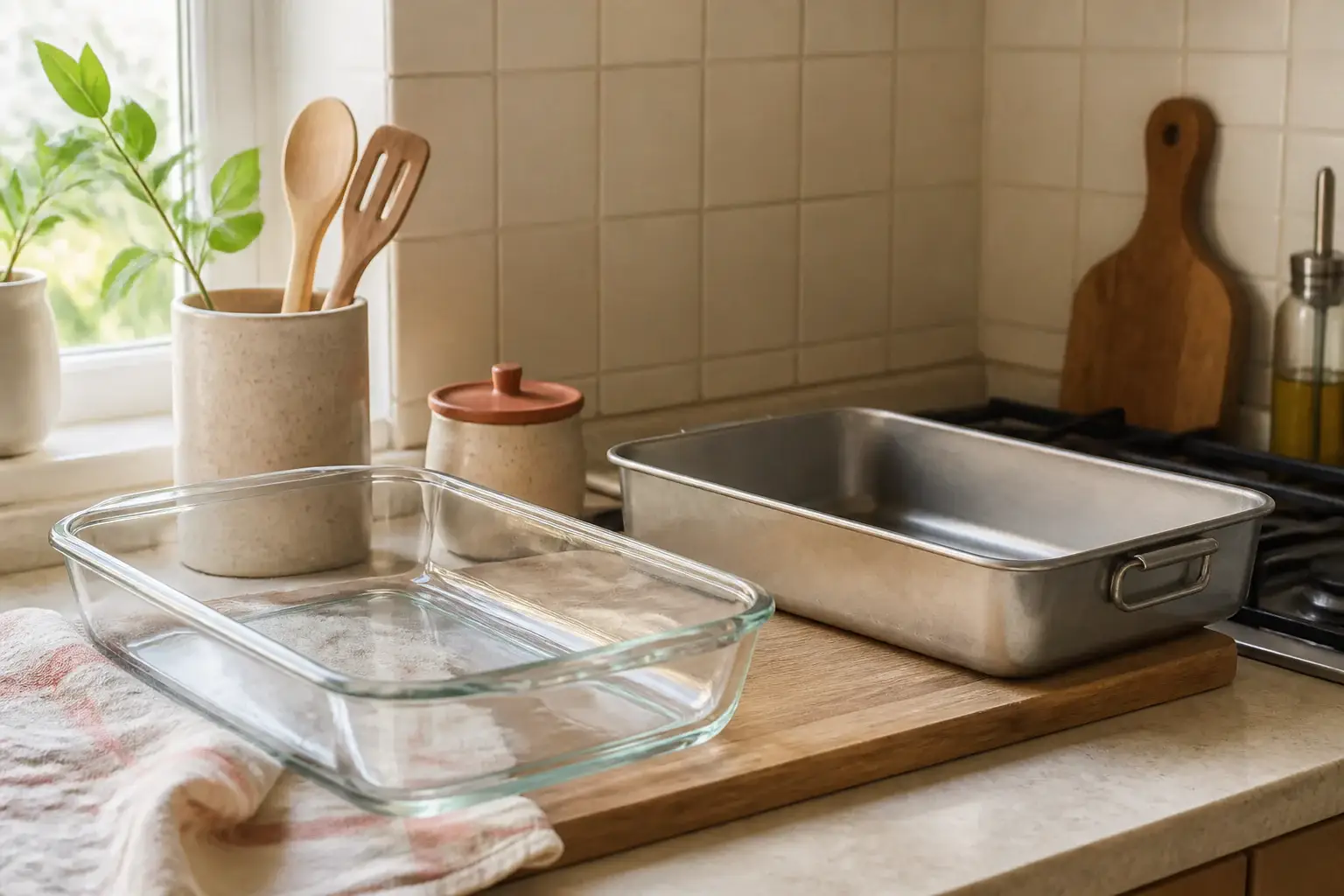 Molde de vidrio o metal para horno representada con utensilios genéricos en una cocina doméstica