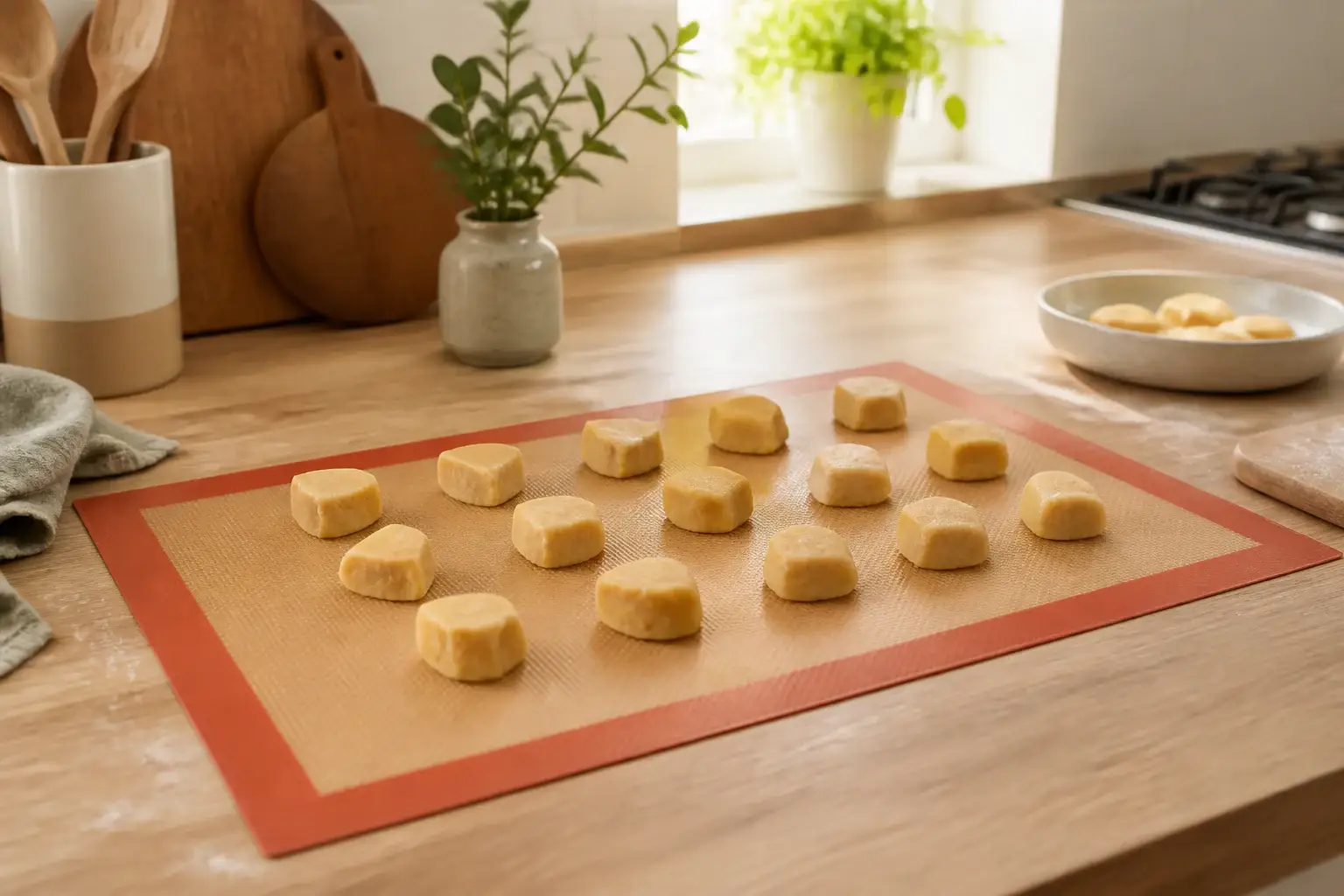 Tapete de silicona genérico con pequeñas piezas de masa preparadas
