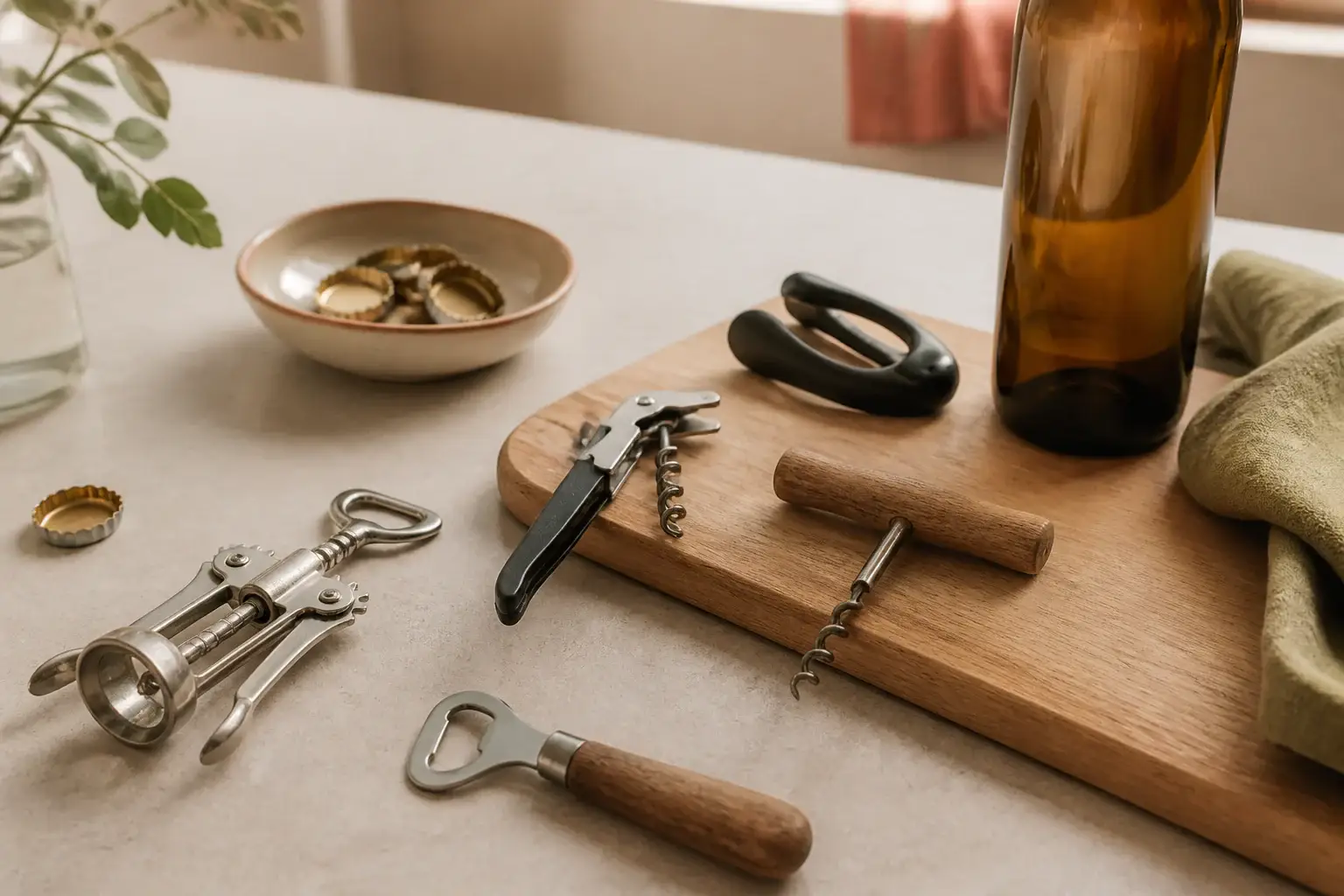Qué abrebotellas comprar representada con utensilios genéricos en una cocina doméstica