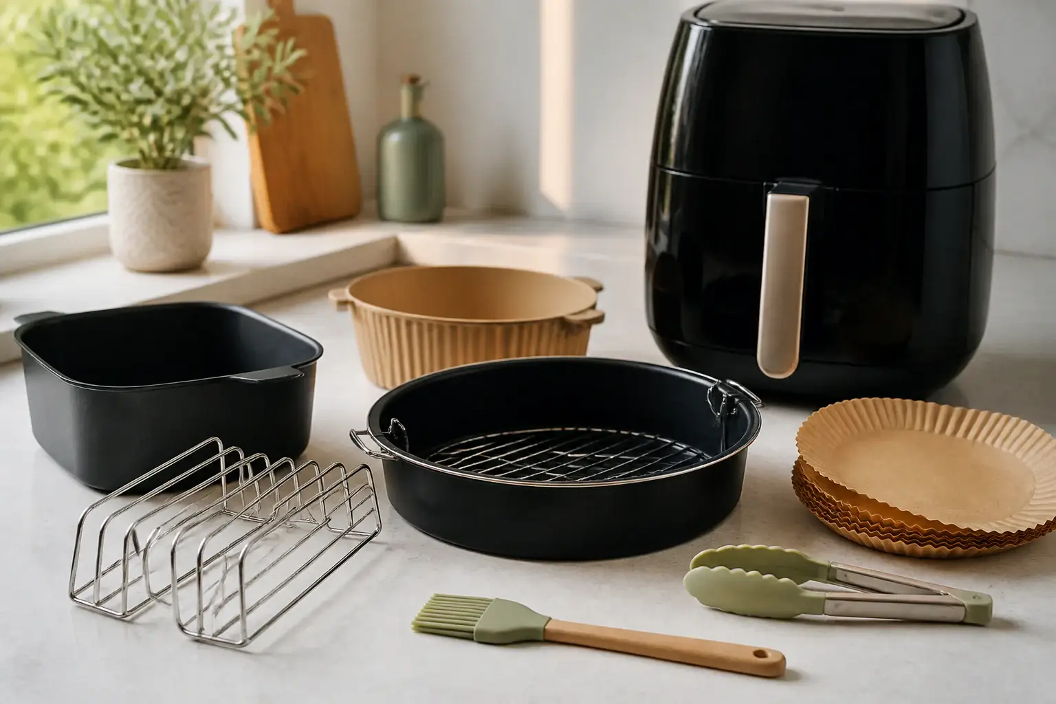 Qué accesorios para freidora de aire comprar representada con utensilios genéricos en una cocina doméstica