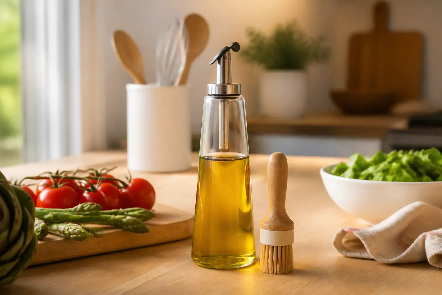 Aceitera y pequeño pincel de cocina genéricos junto a verduras
