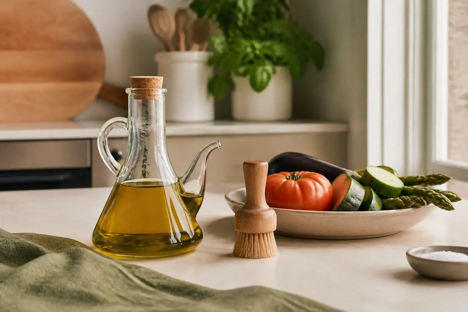 Aceitera y pequeño pincel de cocina genéricos junto a verduras