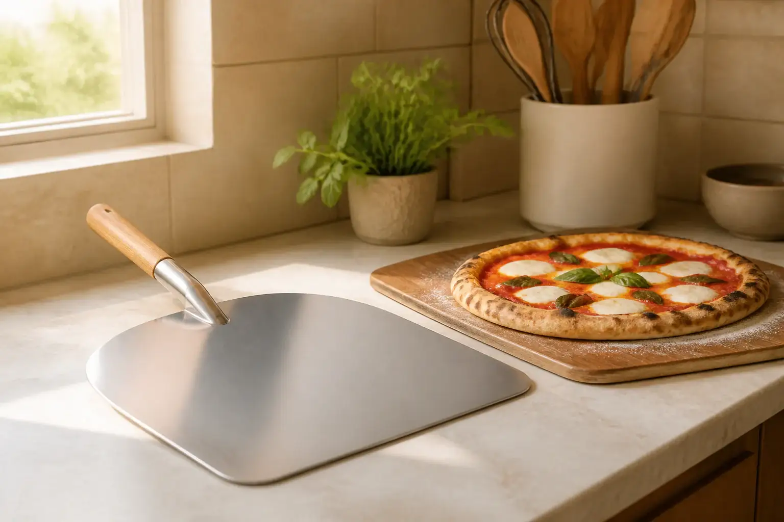 Qué acero para pizza comprar representada con utensilios genéricos en una cocina doméstica
