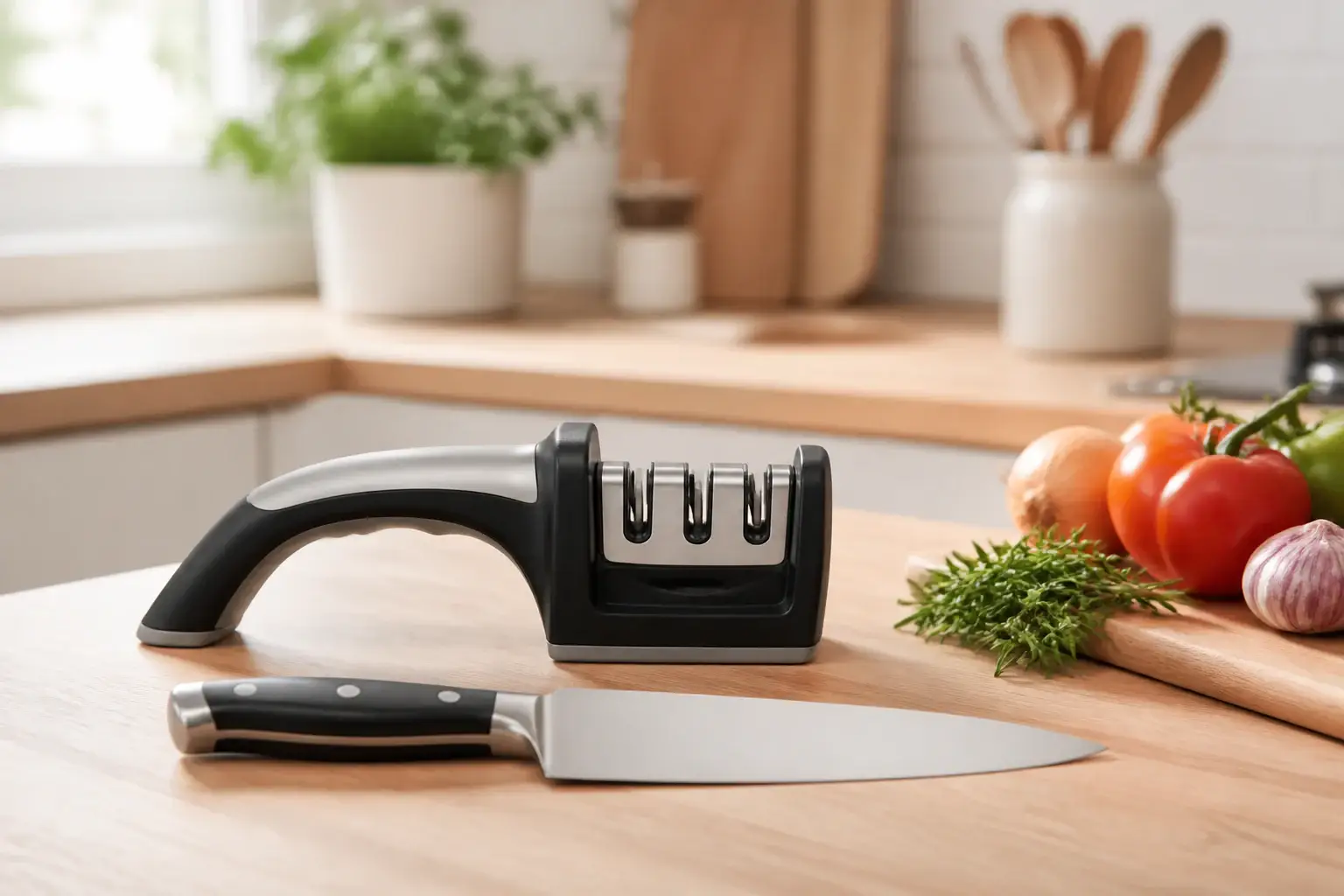 Afilador manual y cuchillo genéricos dispuestos de forma segura sobre una encimera