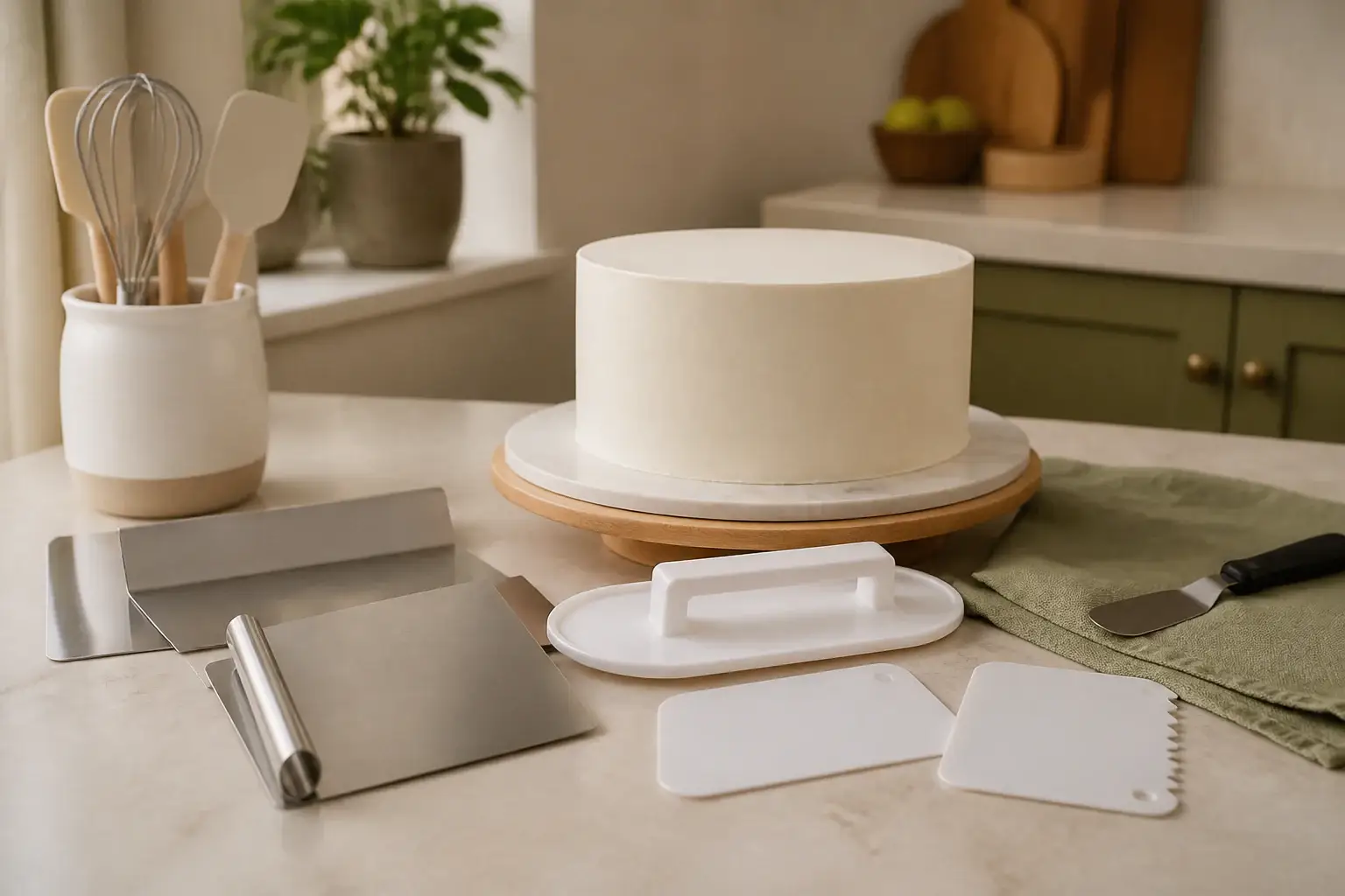 Qué alisador de tartas comprar representada con utensilios genéricos en una cocina doméstica