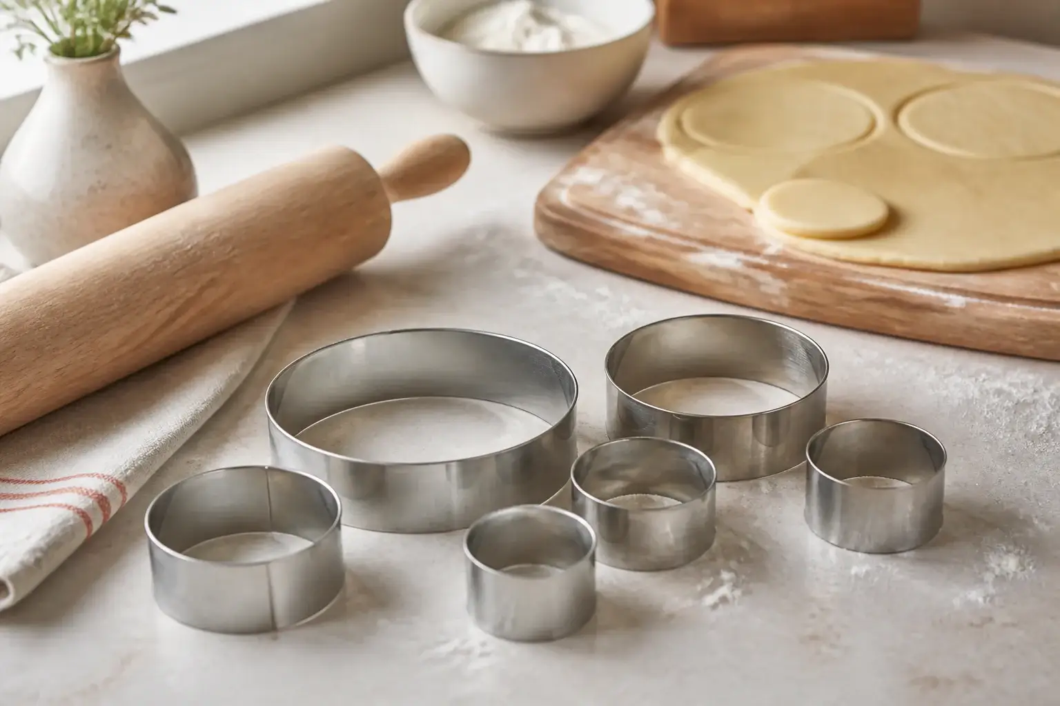 Qué anillos para grosor de masa comprar representada con utensilios genéricos en una cocina doméstica