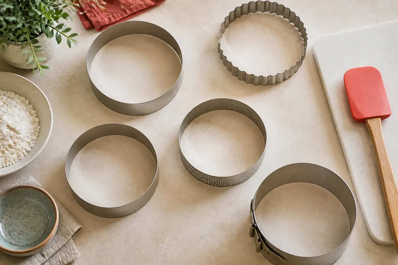 Qué aros para tartas comprar representada con utensilios genéricos en una cocina doméstica