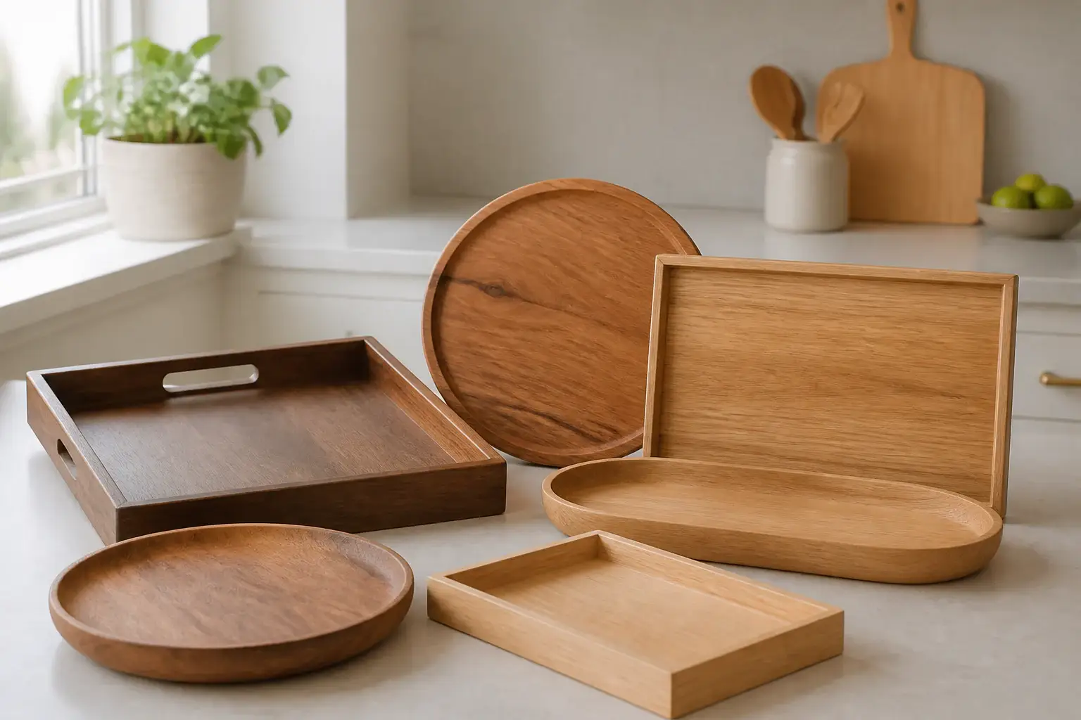 Qué bandeja de madera para servir comprar representada con utensilios genéricos en una cocina doméstica
