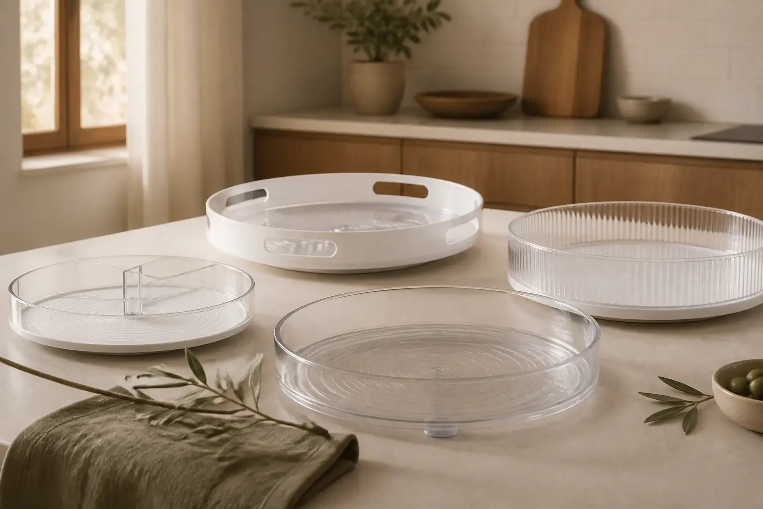 Qué bandeja giratoria para nevera comprar representada con utensilios genéricos en una cocina doméstica