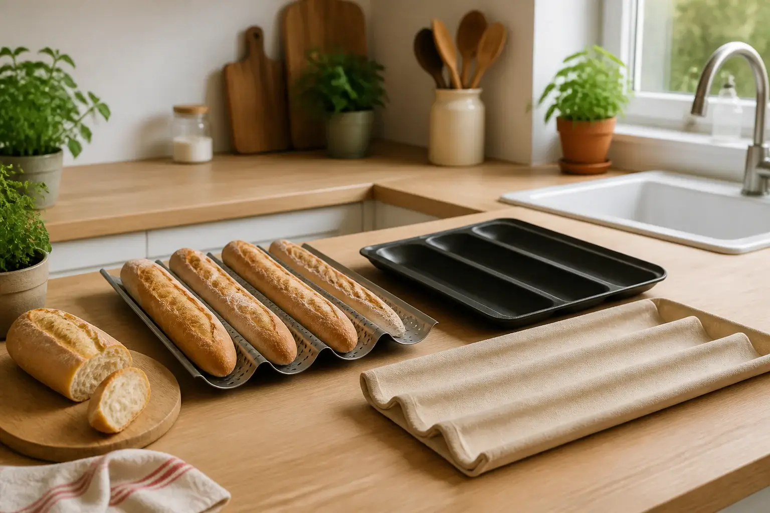 Qué bandeja para baguettes comprar representada con utensilios genéricos en una cocina doméstica