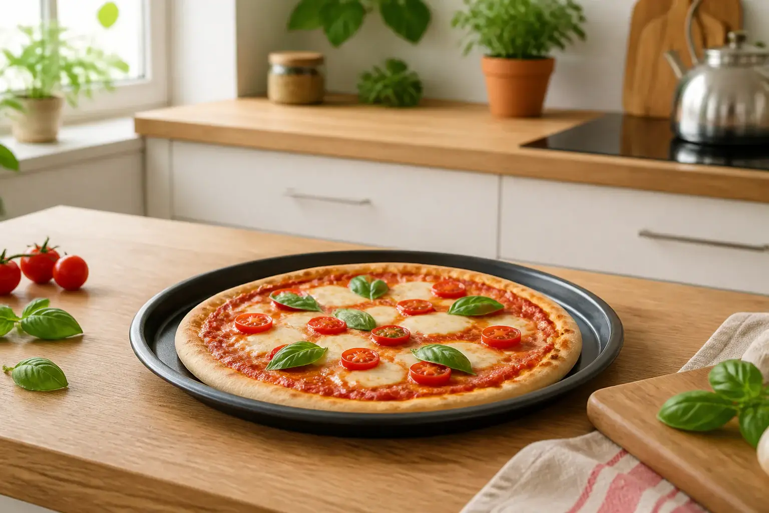 Bandeja de pizza genérica con una pizza casera recién horneada