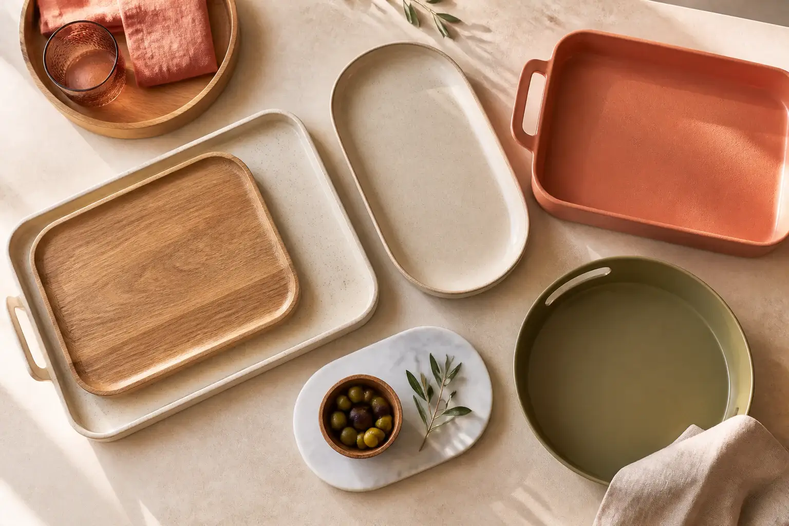 Qué bandeja para servir comprar representada con utensilios genéricos en una cocina doméstica