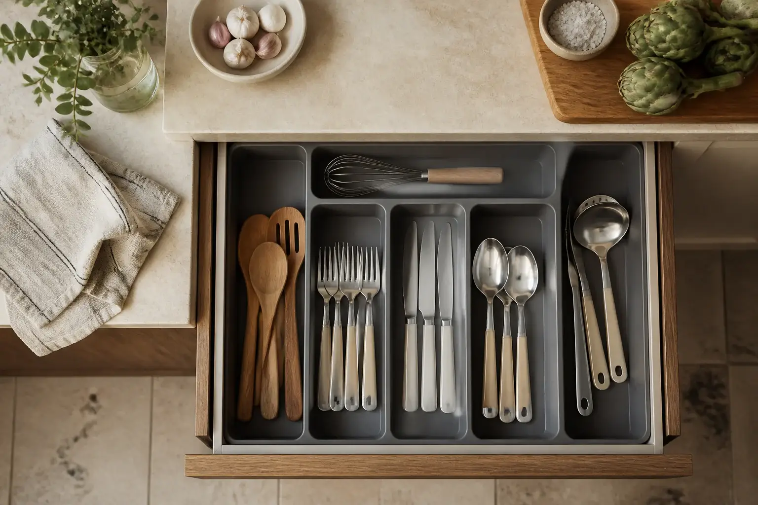 Qué bandeja para utensilios de cajón comprar representada con utensilios genéricos en una cocina doméstica