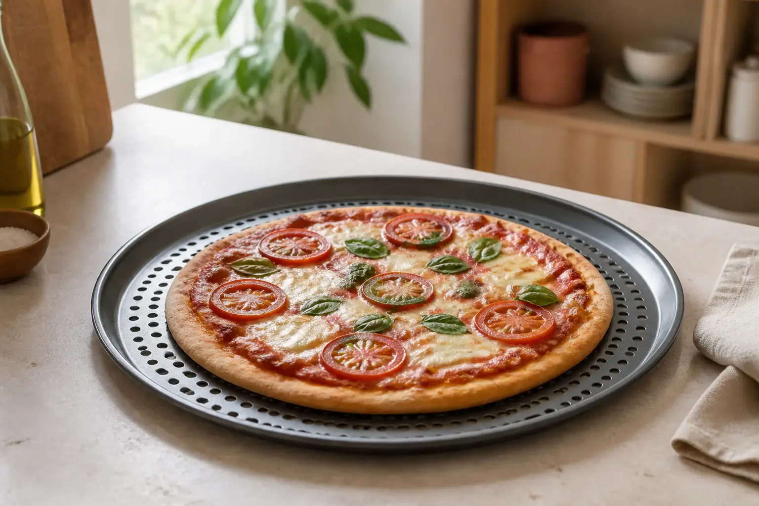 Bandeja de pizza genérica con una pizza casera recién horneada
