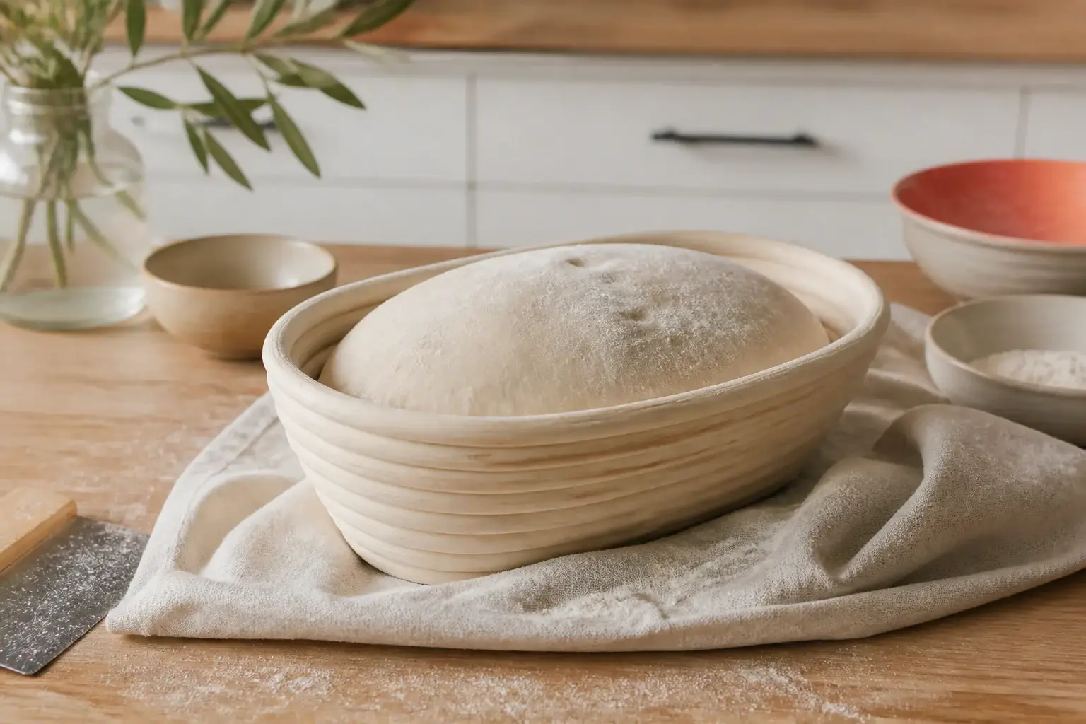 Banneton genérico con una masa de pan fermentada sobre tela enharinada