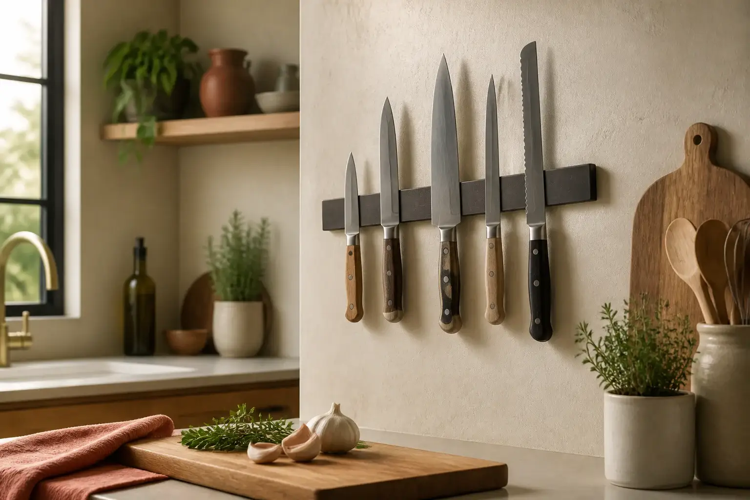 Qué barra magnética para cuchillos comprar representada con utensilios genéricos en una cocina doméstica