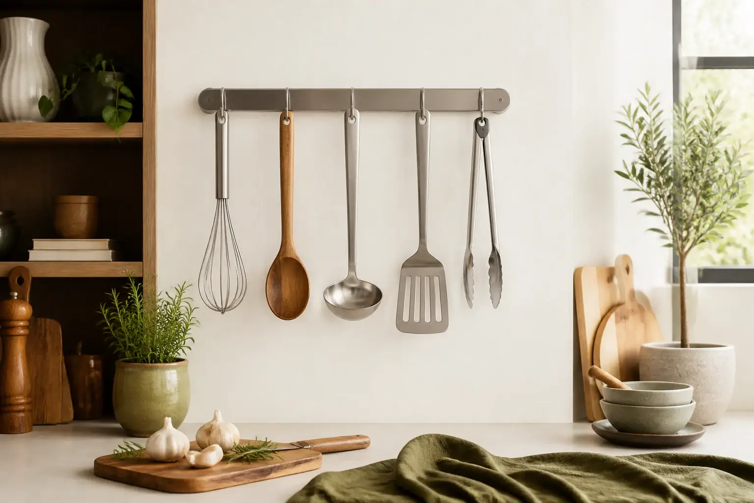 Qué barra magnética para utensilios comprar representada con utensilios genéricos en una cocina doméstica