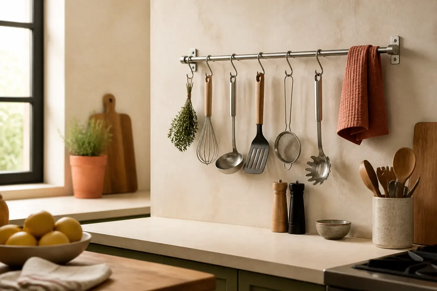 Qué barra para colgar utensilios comprar representada con utensilios genéricos en una cocina doméstica