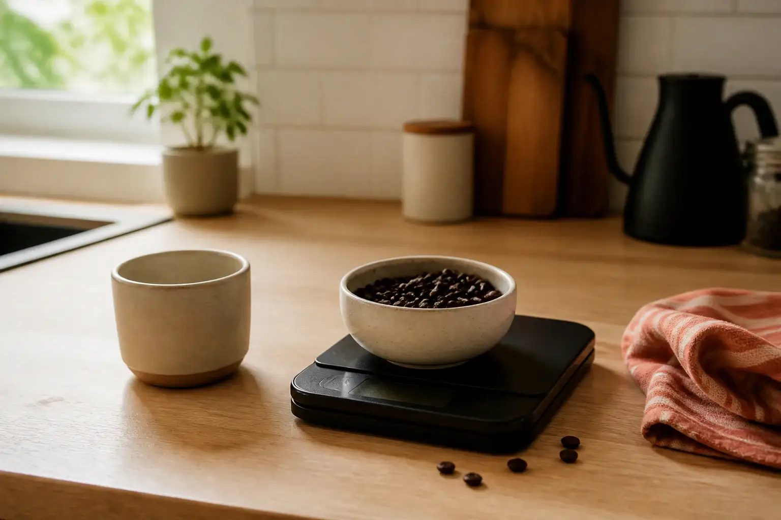 Báscula digital genérica con granos de café y una taza sencilla