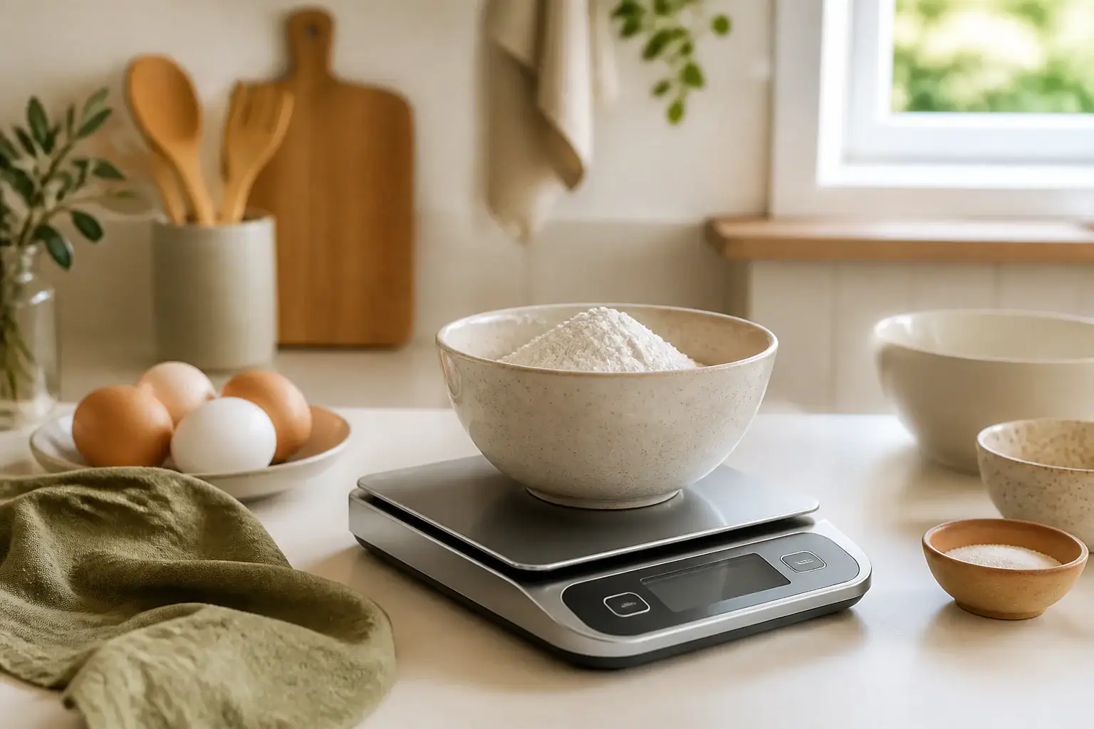 Báscula digital de cocina genérica con ingredientes domésticos preparados