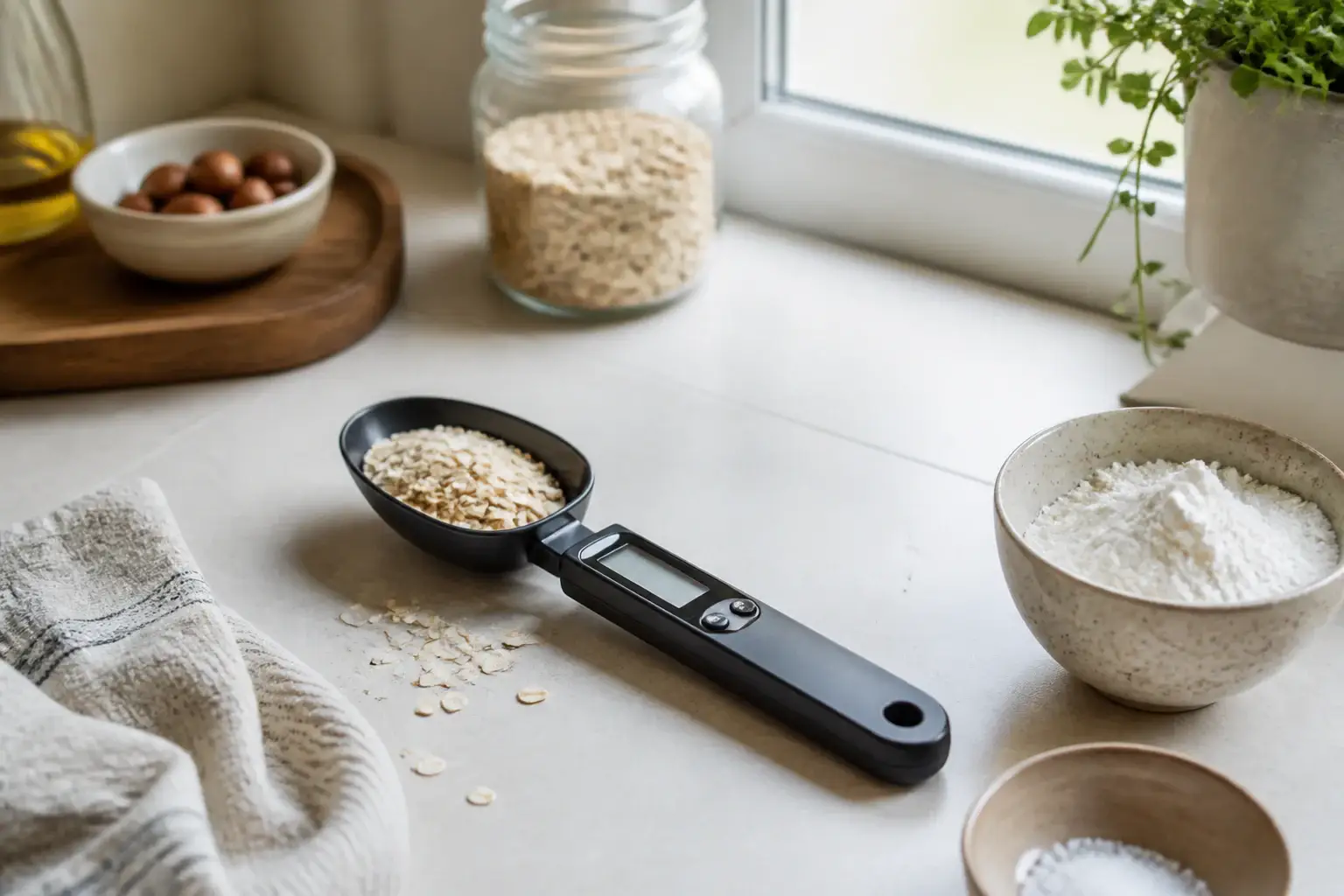 Báscula digital de cocina genérica con ingredientes domésticos preparados