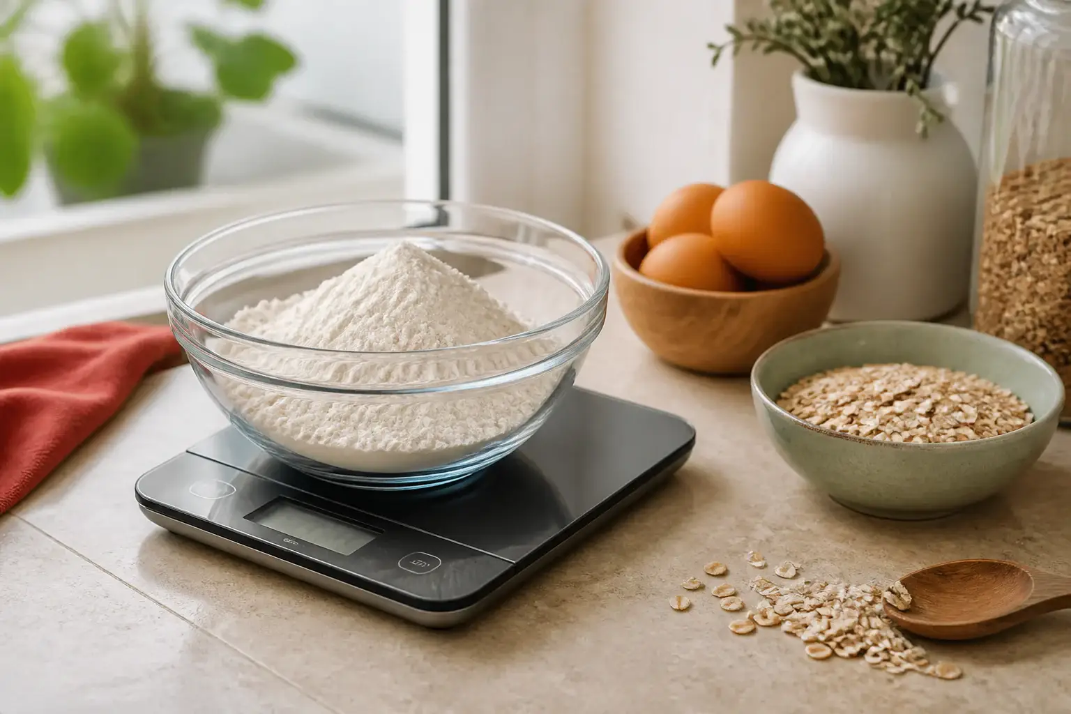 Báscula digital de cocina genérica con ingredientes domésticos preparados