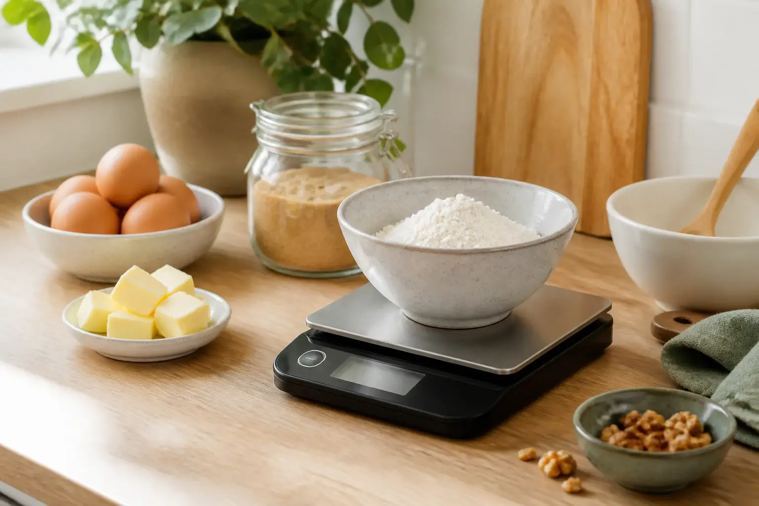 Báscula digital de cocina genérica con ingredientes domésticos preparados
