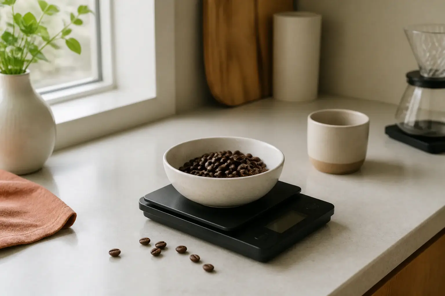 Báscula digital genérica con granos de café y una taza sencilla