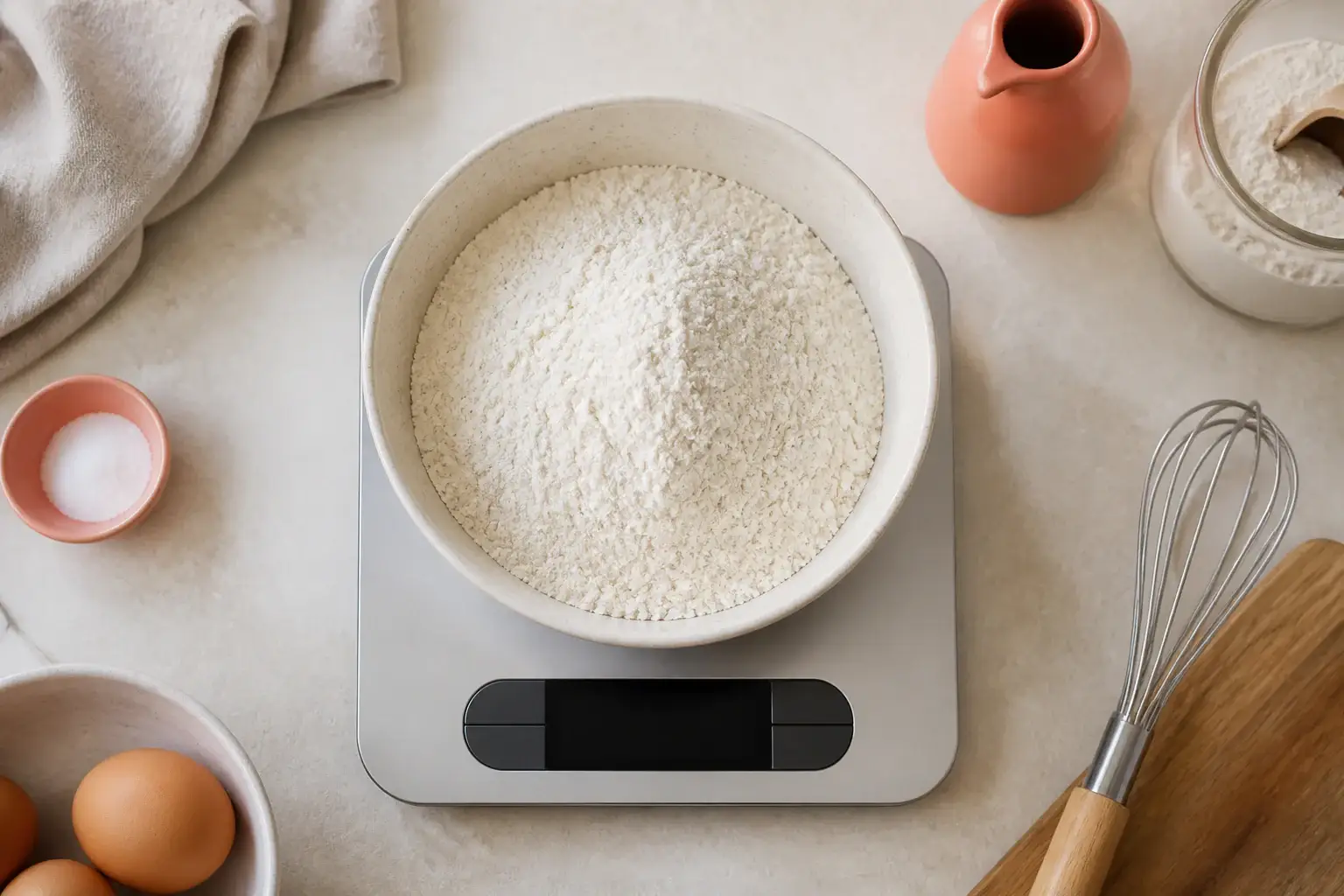 Báscula digital genérica con harina medida en un bol de repostería