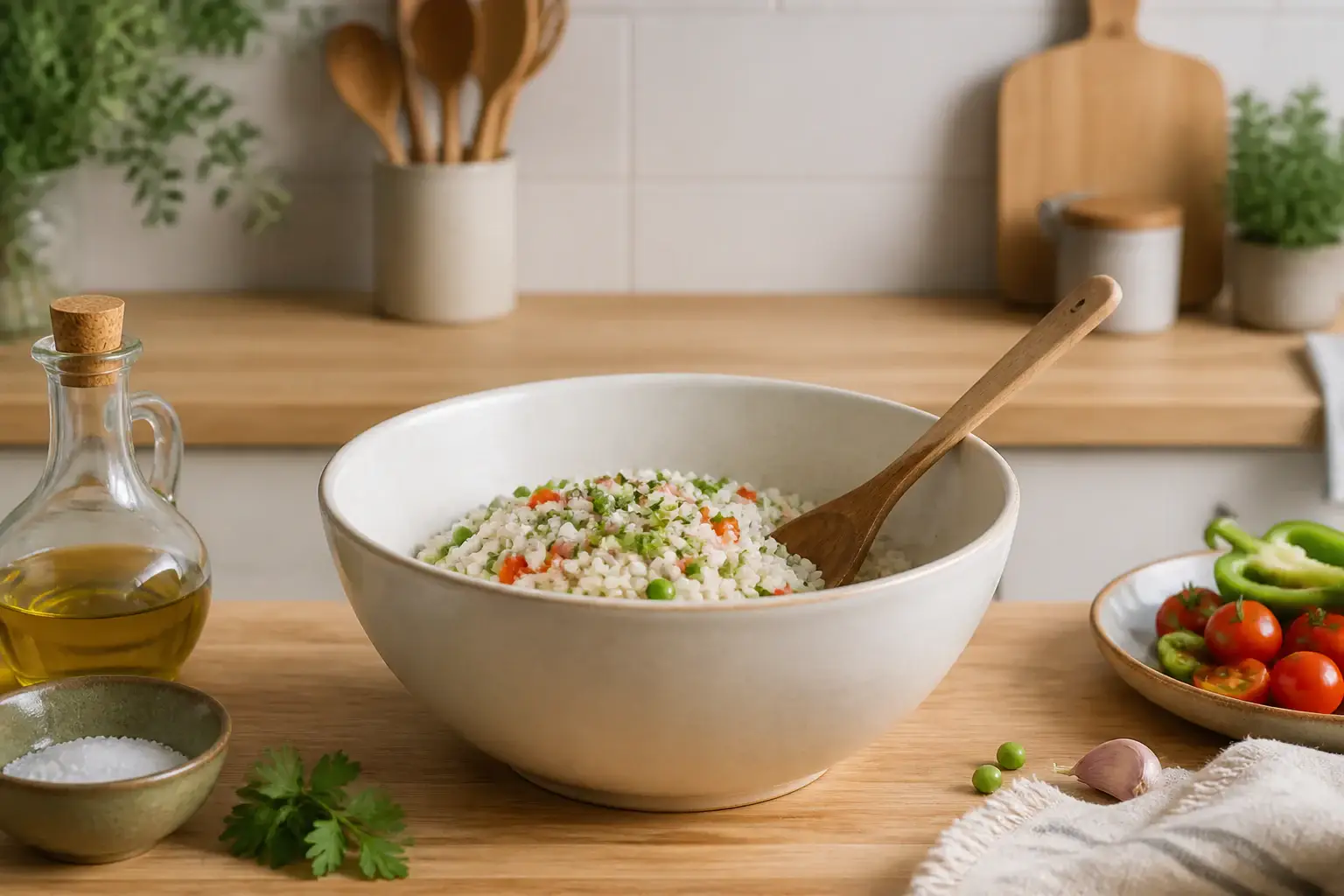 Bol de cocina genérico con ingredientes frescos listos para mezclar