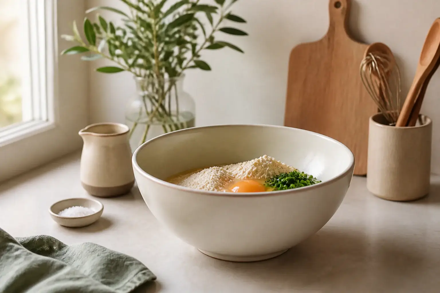 Bol de cocina genérico con ingredientes frescos listos para mezclar