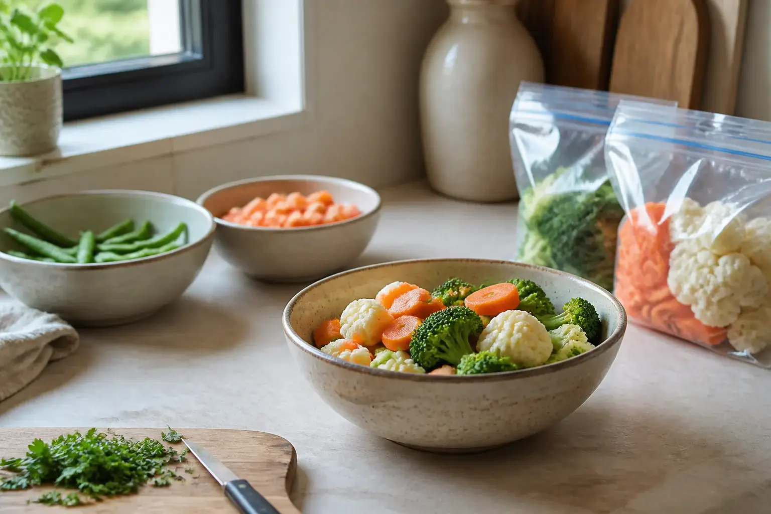 Bol de cocina genérico con ingredientes frescos listos para mezclar