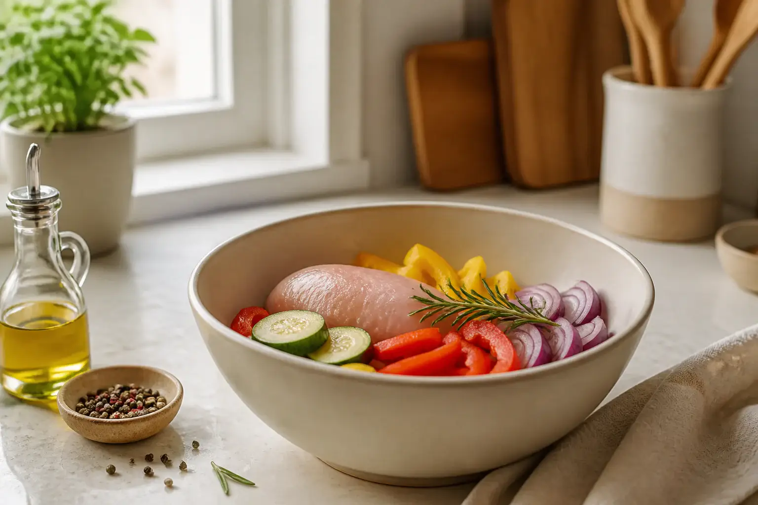 Bol de cocina genérico con ingredientes frescos listos para mezclar