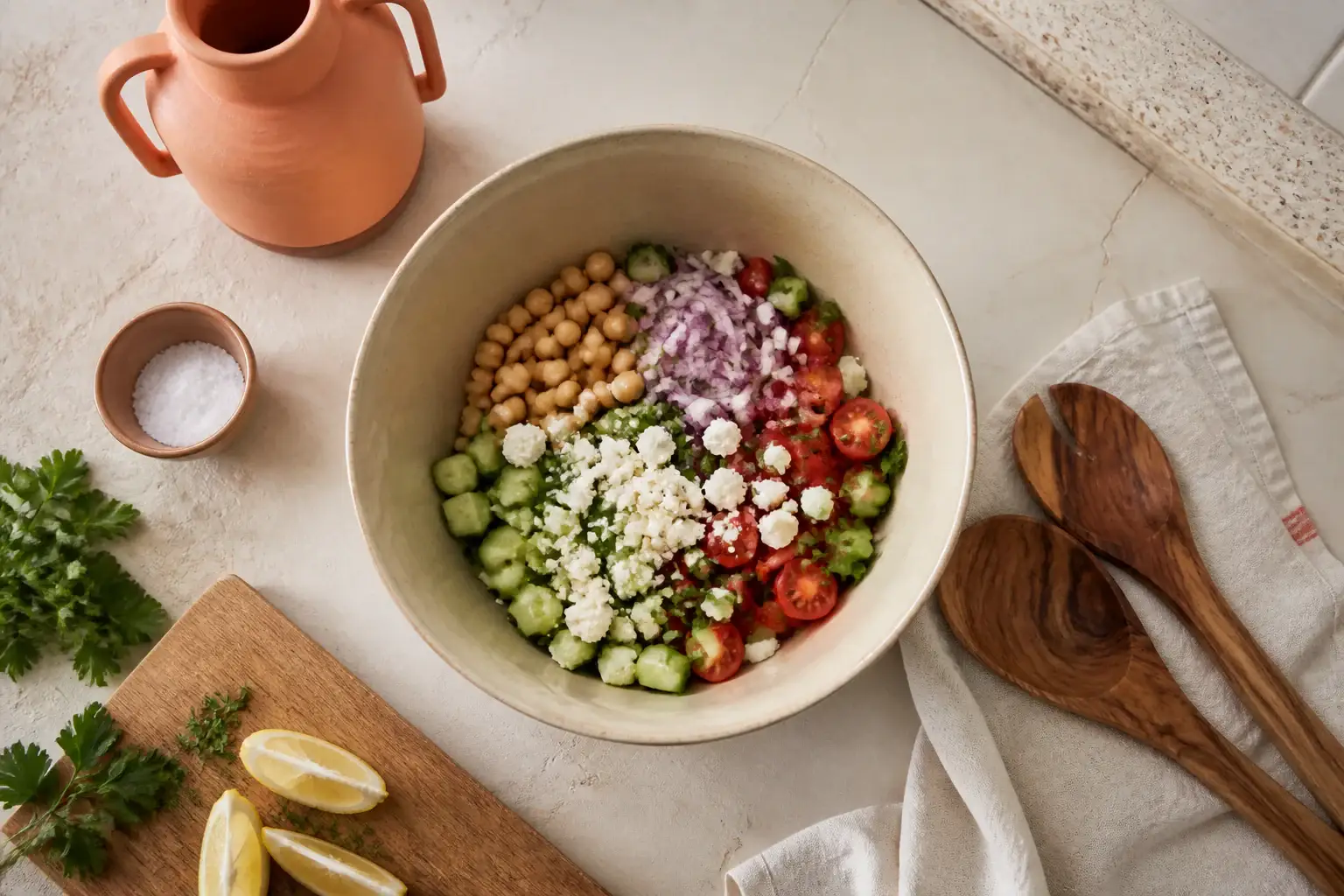 Bol de cocina genérico con ingredientes frescos listos para mezclar