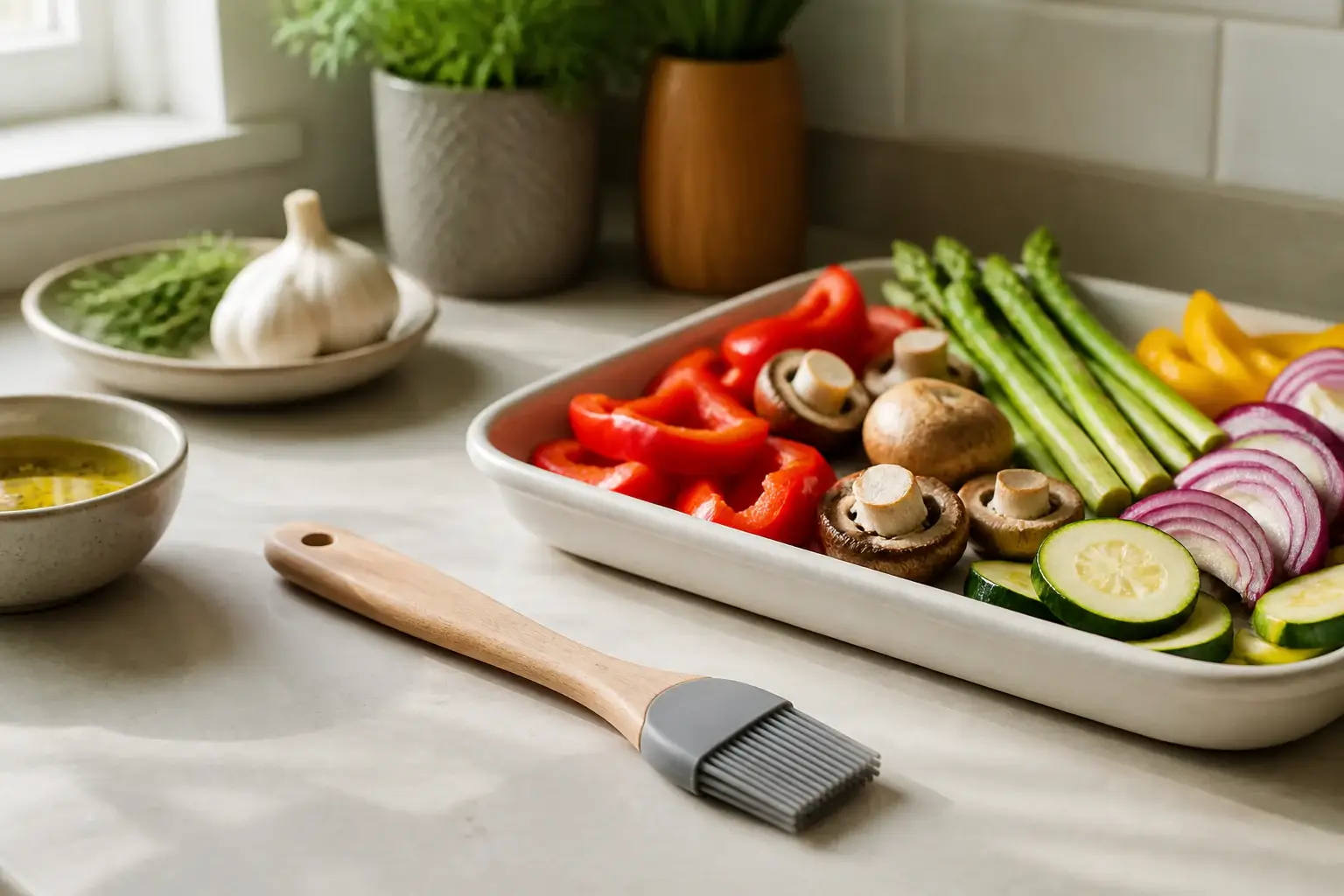 Brocha de cocina genérica junto a verduras preparadas para barbacoa