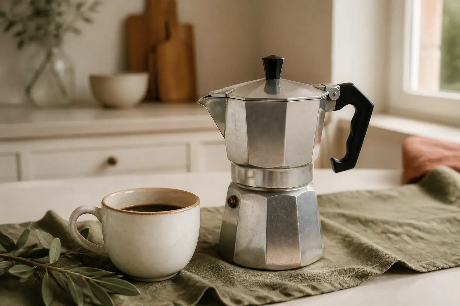 Cafetera moka genérica junto a una taza de café en una cocina doméstica