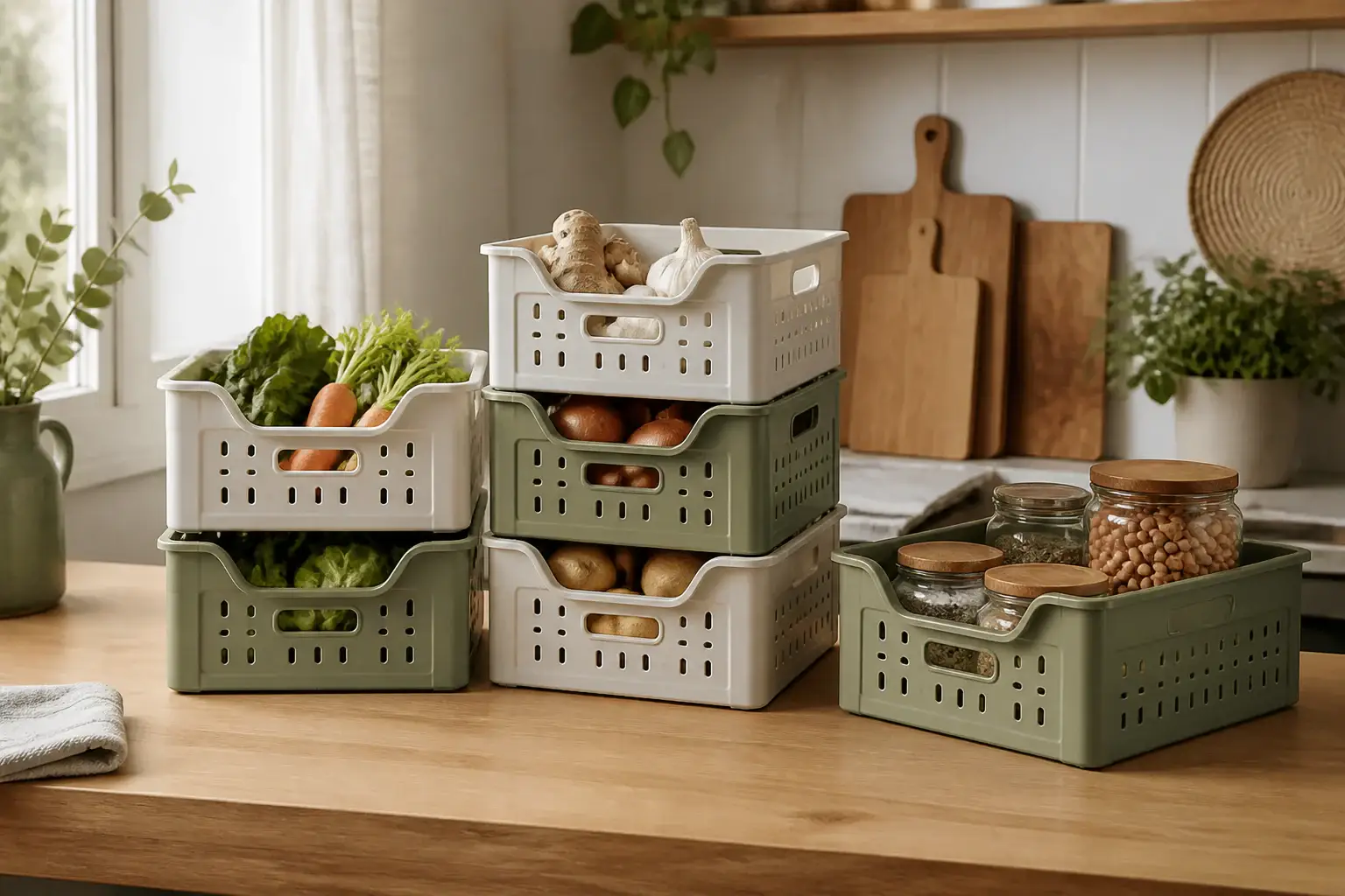 Qué cajas apilables para despensa comprar representada con utensilios genéricos en una cocina doméstica